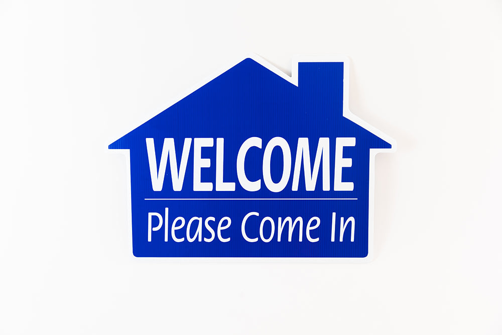 WELCOME PLEASE COME IN SIGN - HOUSE SHAPE - BLUE