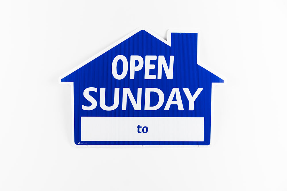 OPEN SUNDAY SIGN - HOUSE SHAPE - BLUE