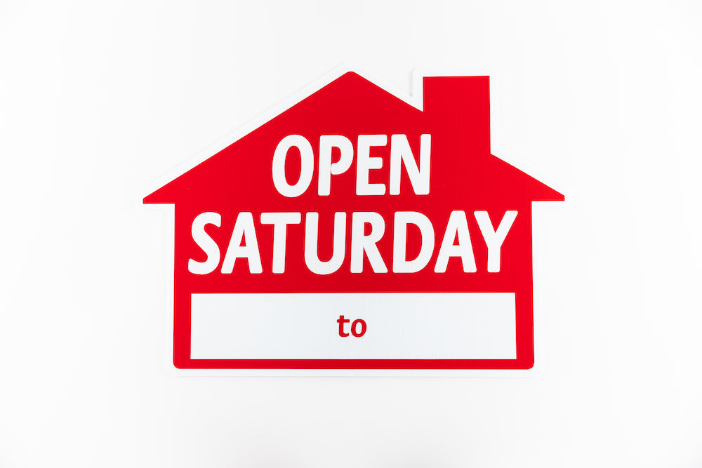 OPEN SATURDAY SIGN - HOUSE SHAPE - RED
